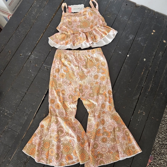 Retro Floral Pink Orange Two Piece Matching Outfit Set Crop Tank Bell Bottoms - Picture 6 of 6